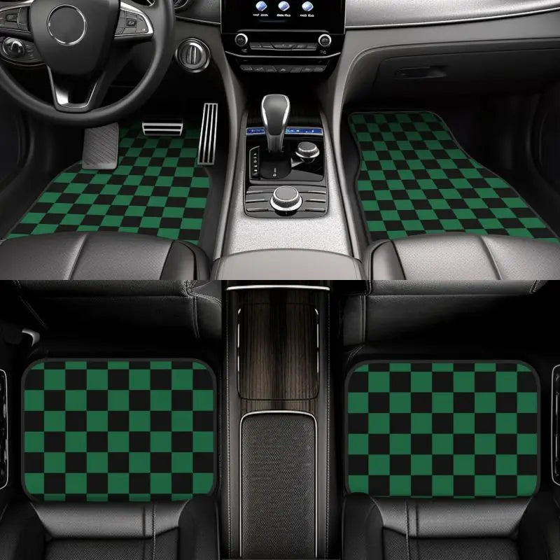 Premium Black Green Plaid Car Floor Mats Set Of 4 Geometric Checkered Plaid Pattern Vehicle Front And Rear Foot Mats Non Slip Carpets for Cars, Trucks & SUVs