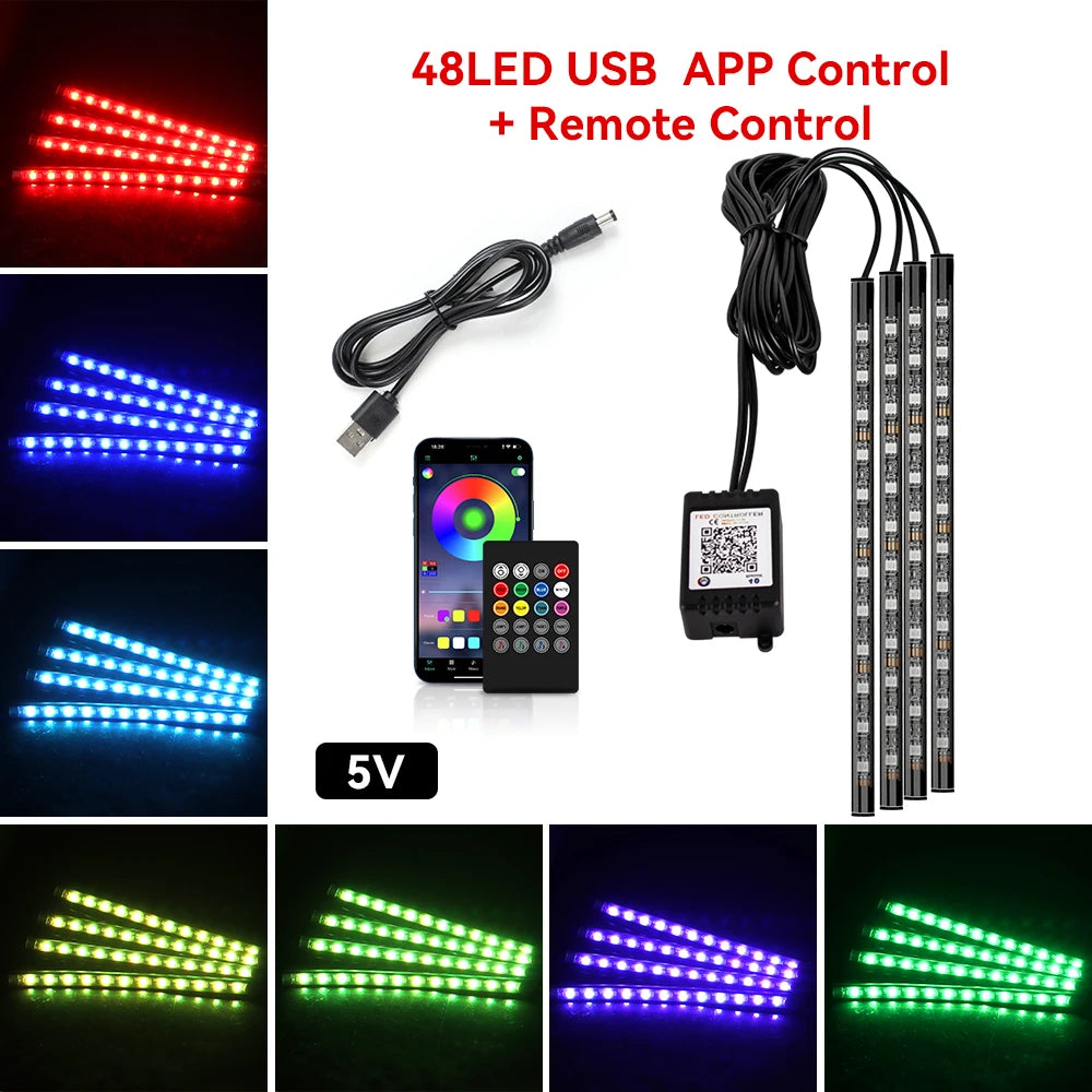 Premium Neon 48 72 Led Car Interior Ambient Foot Light With Usb Wireless Remote Music App Control Auto Rgb Atmosphere Decorative Lamps for Cars, Trucks & SUVs