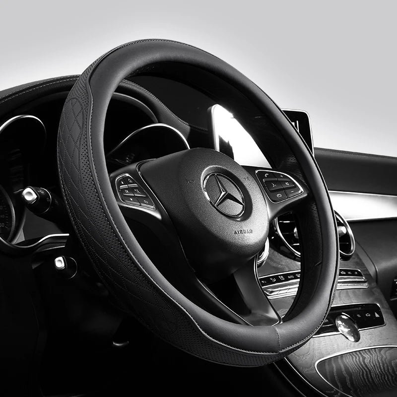 Premium Napa Leather Perforated Patchwork Car Steering Wheel Cover, Non Slip, Breathable, Universal 15 Inch (Approx. 38Cm) for Cars, Trucks & SUVs