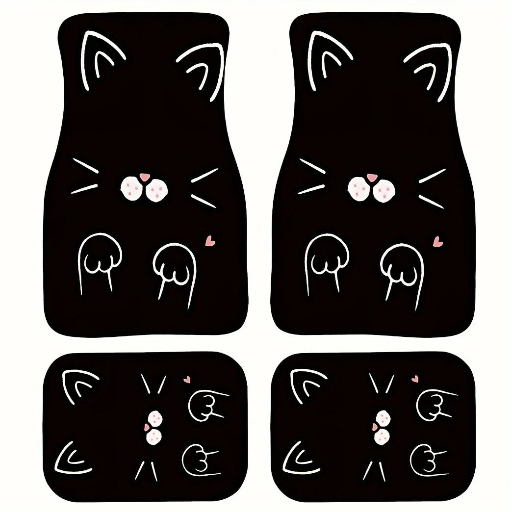 Premium 4Pcs Fit Cute Cartoon Cat Print Car Floor Mats, Front And Rear Seat All Weather Liner Protection For Most Cars, Sedans, Suv, Van for Cars, Trucks & SUVs