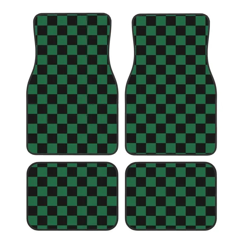 Premium Black Green Plaid Car Floor Mats Set Of 4 Geometric Checkered Plaid Pattern Vehicle Front And Rear Foot Mats Non Slip Carpets for Cars, Trucks & SUVs