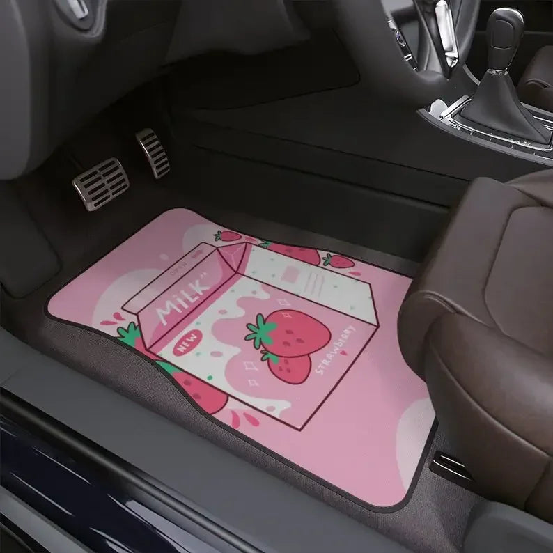 Premium Tasty Strawberry Milk Car Floor Mats, Cute Japanese Style Kawaii Anime Strawberry Milk Print Car Floor Mat, Japanese Girly Car D for Cars, Trucks & SUVs