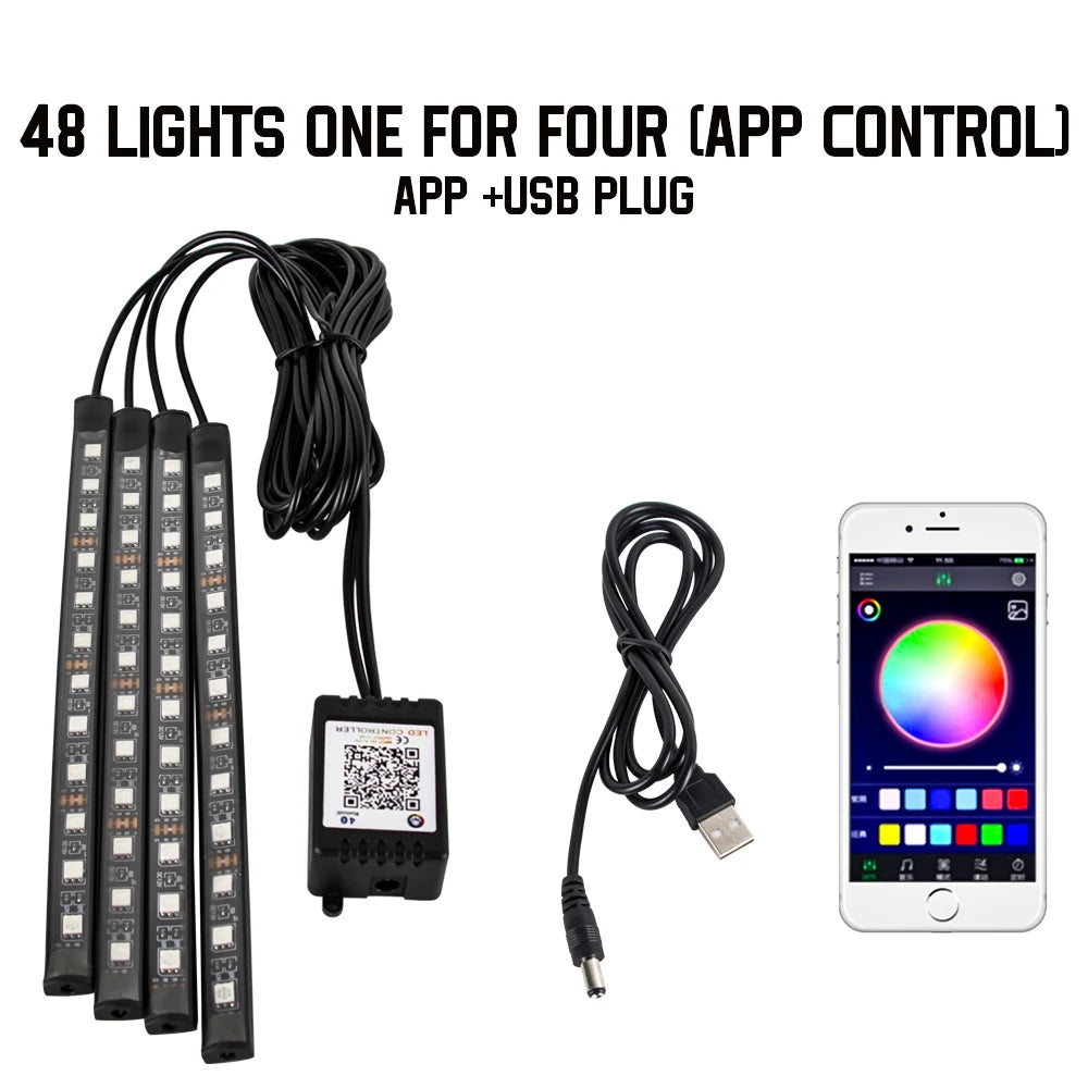 Premium Neon 48 72 Led Car Interior Ambient Foot Light With Usb Wireless Remote Music App Control Auto Rgb Atmosphere Decorative Lamps for Cars, Trucks & SUVs