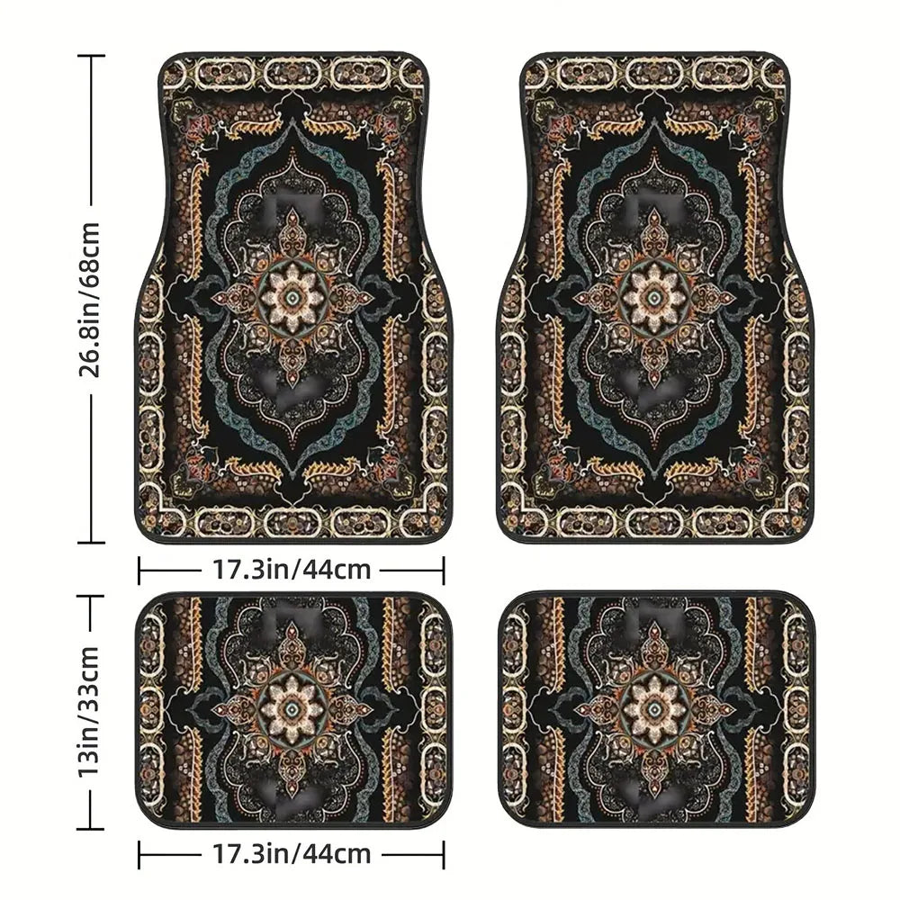 Premium 4 Pcs Car Floor Mats Bohemian Pattern European Ethnic Auto Rubber Carpet Universal Interior Accessories For Front And Rear Seats for Cars, Trucks & SUVs