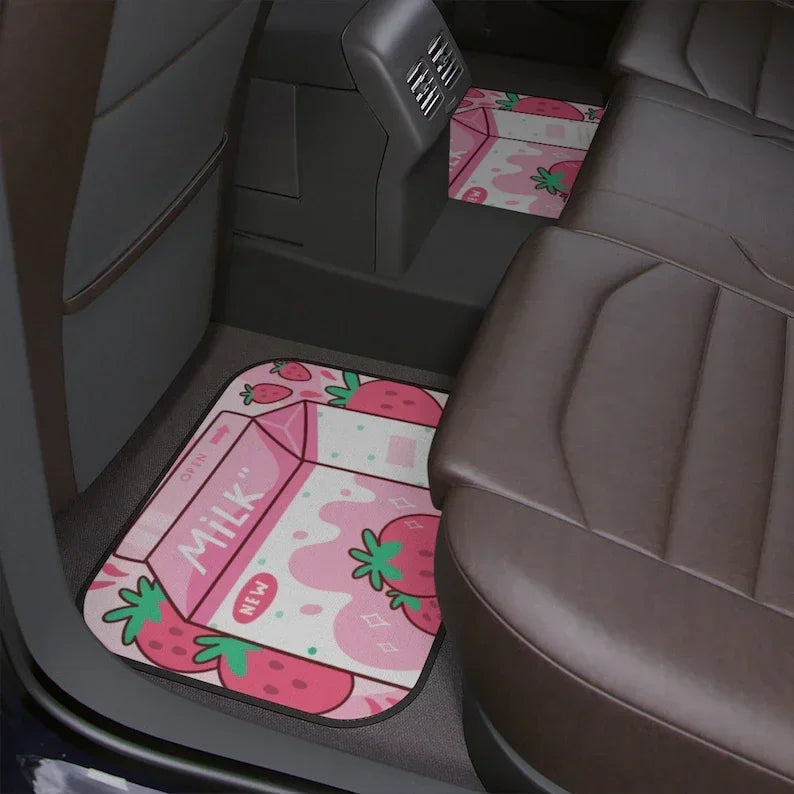 Premium Tasty Strawberry Milk Car Floor Mats, Cute Japanese Style Kawaii Anime Strawberry Milk Print Car Floor Mat, Japanese Girly Car D for Cars, Trucks & SUVs