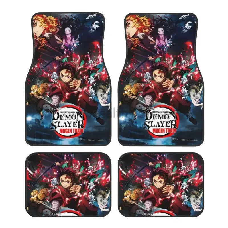Premium Demon Slayer Anime Car Foot Mats Set Of 4 Floor Mats Decor With Non Slip Black Anti Skid Backing for Cars, Trucks & SUVs