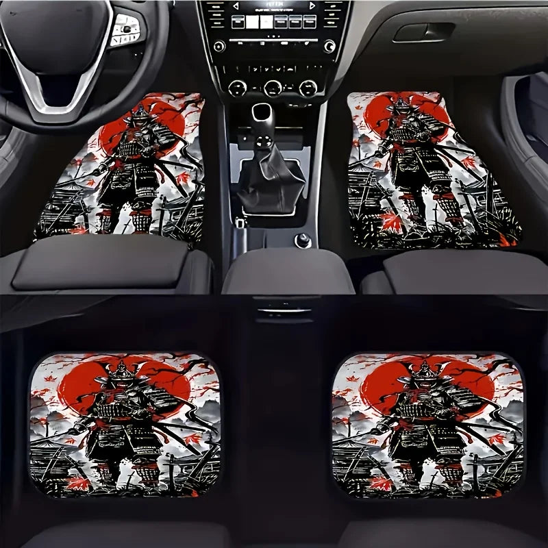 Premium 4 Pack Samurai Warrior Print Car Mats, Non Slip, Washable, Fashionable Interior Protection For Cars, Trucks  All Season Gift for Cars, Trucks & SUVs