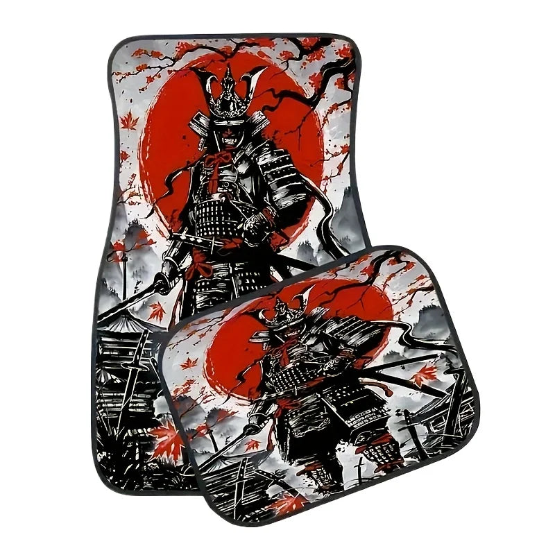 Premium 4 Pack Samurai Warrior Print Car Mats, Non Slip, Washable, Fashionable Interior Protection For Cars, Trucks  All Season Gift for Cars, Trucks & SUVs