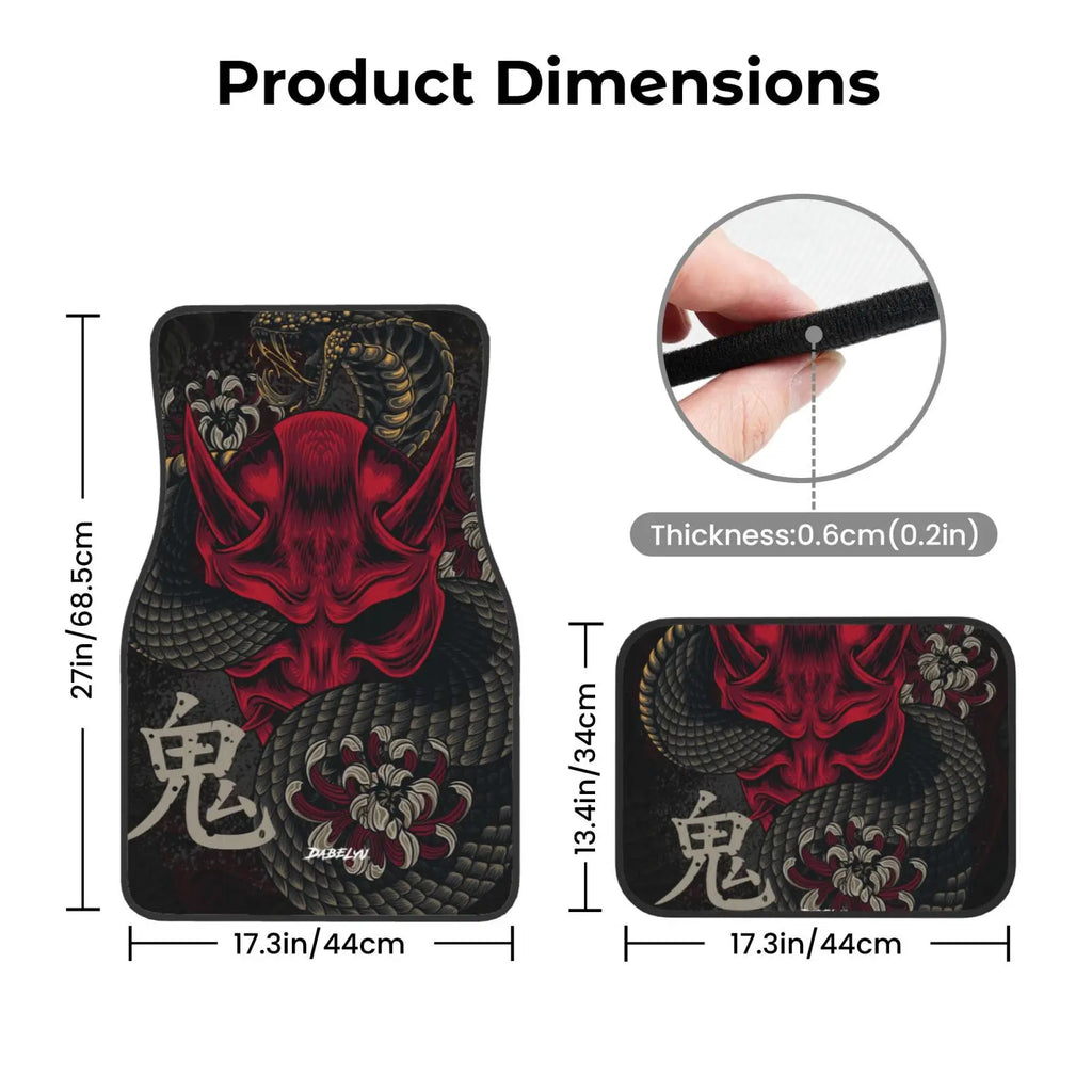 Premium Japanese Art Oni Mask Snake Car Floor Mat 4 Piece Set Suitable For All Car Floor Mat Accessories Crystal Velvet Floor Mats for Cars, Trucks & SUVs