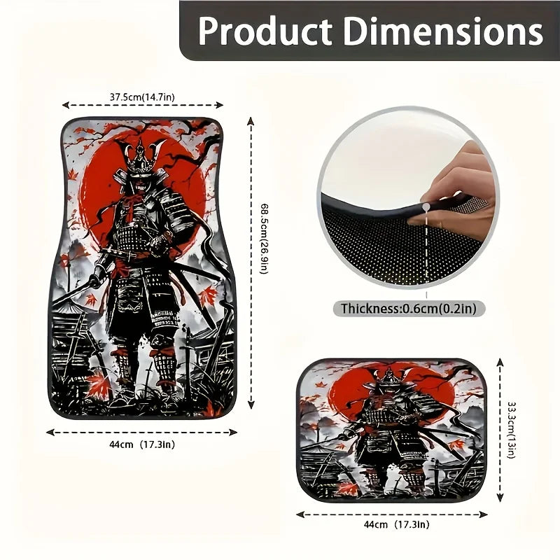 Premium 4 Pack Samurai Warrior Print Car Mats, Non Slip, Washable, Fashionable Interior Protection For Cars, Trucks  All Season Gift for Cars, Trucks & SUVs