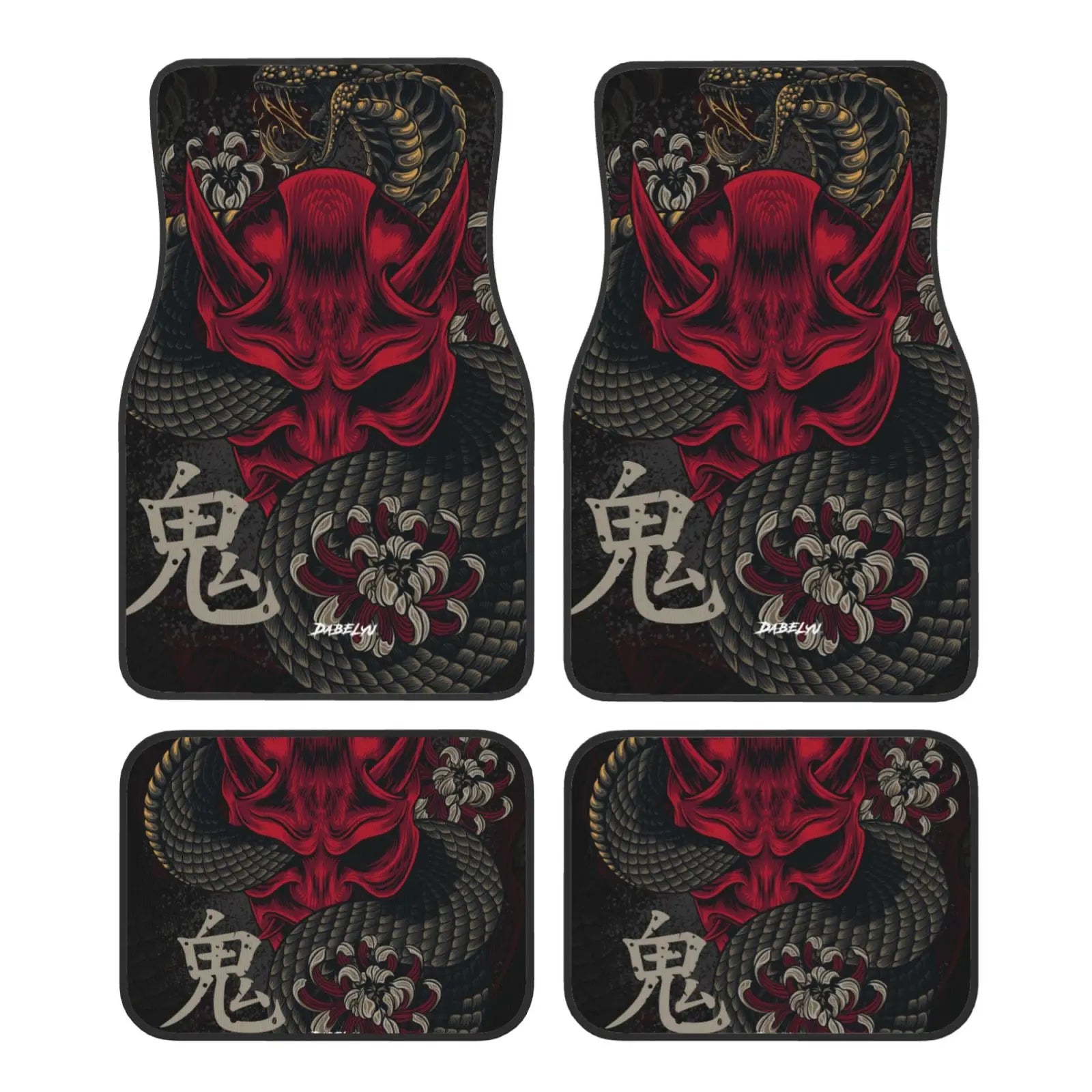Premium Japanese Art Oni Mask Snake Car Floor Mat 4 Piece Set Suitable For All Car Floor Mat Accessories Crystal Velvet Floor Mats for Cars, Trucks & SUVs
