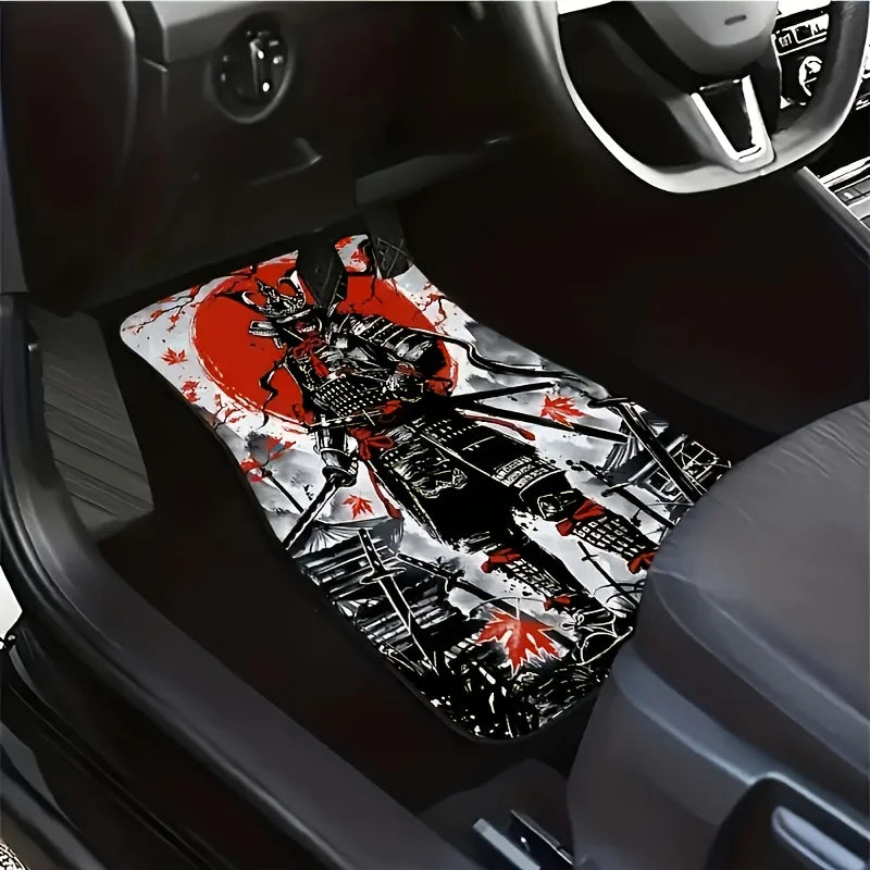 Premium 4 Pack Samurai Warrior Print Car Mats, Non Slip, Washable, Fashionable Interior Protection For Cars, Trucks  All Season Gift for Cars, Trucks & SUVs