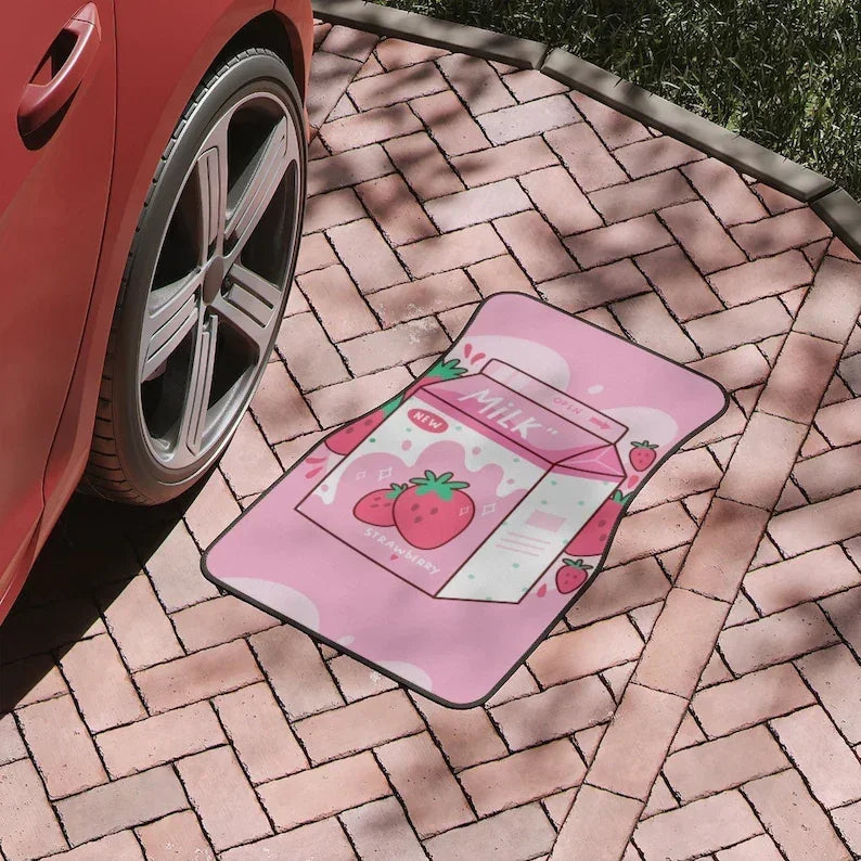 Premium Tasty Strawberry Milk Car Floor Mats, Cute Japanese Style Kawaii Anime Strawberry Milk Print Car Floor Mat, Japanese Girly Car D for Cars, Trucks & SUVs