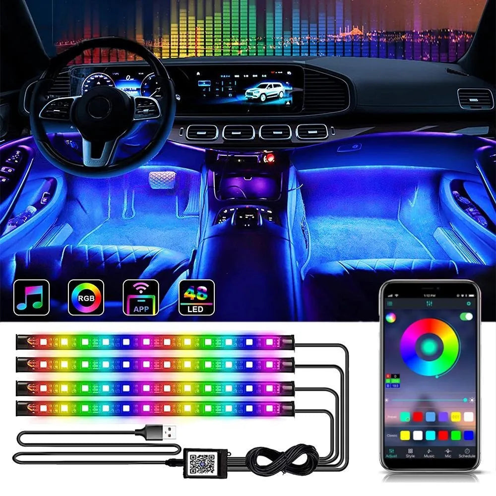 Premium Rgb Automotive Atmosphere Decorative Lamp Led Interior Light Strip Car Foot Ambient Lights With Usb Cigarette With Remote Voice for Cars, Trucks & SUVs