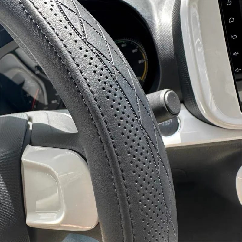 Premium Napa Leather Perforated Patchwork Car Steering Wheel Cover, Non Slip, Breathable, Universal 15 Inch (Approx. 38Cm) for Cars, Trucks & SUVs
