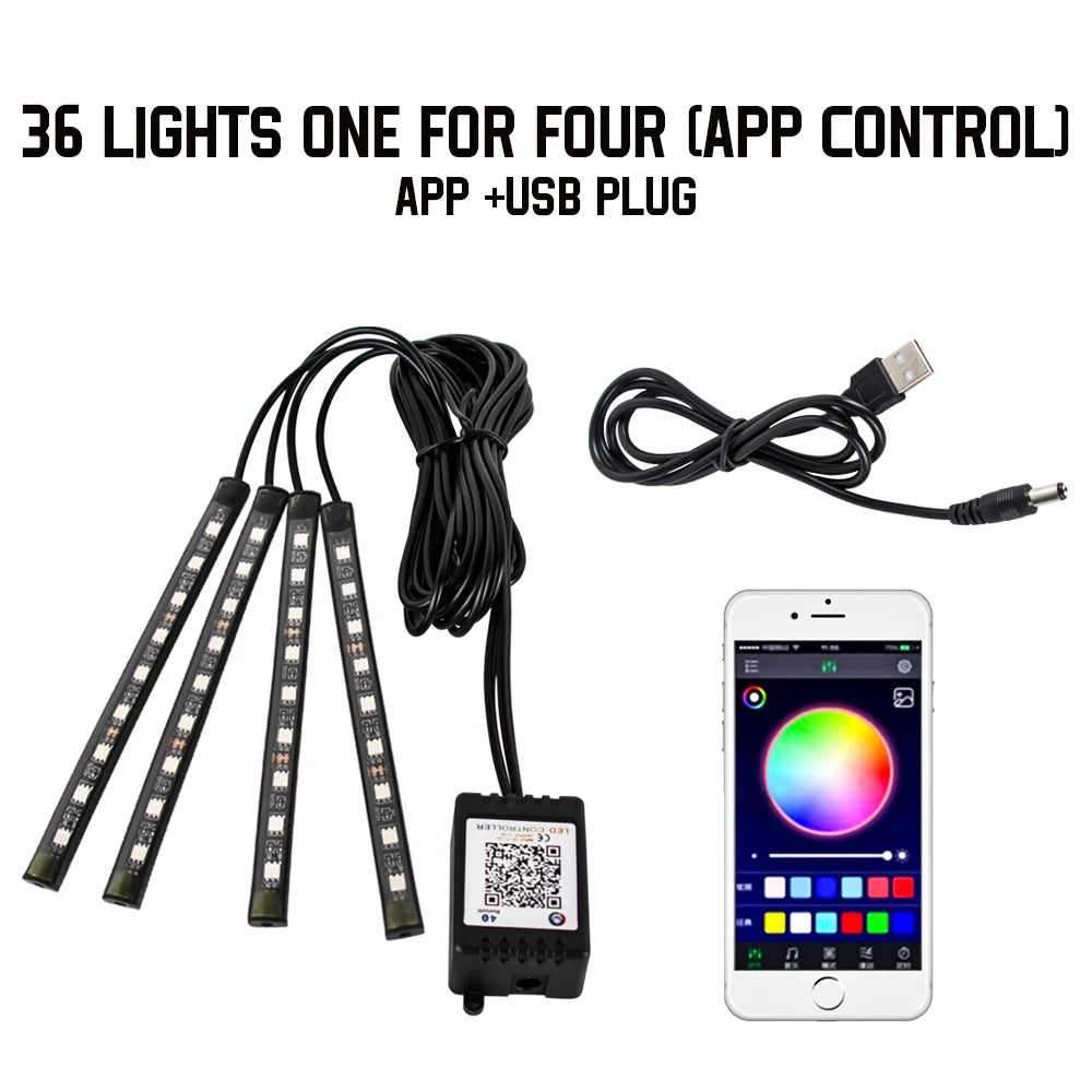 Premium Neon 48 72 Led Car Interior Ambient Foot Light With Usb Wireless Remote Music App Control Auto Rgb Atmosphere Decorative Lamps for Cars, Trucks & SUVs