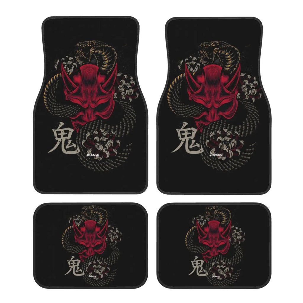 Premium Japanese Art Oni Mask Snake Car Floor Mat 4 Piece Set Suitable For All Car Floor Mat Accessories Crystal Velvet Floor Mats for Cars, Trucks & SUVs