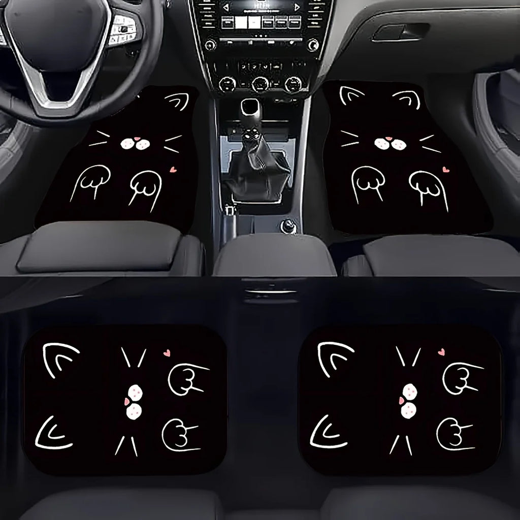 Premium 4Pcs Fit Cute Cartoon Cat Print Car Floor Mats, Front And Rear Seat All Weather Liner Protection For Most Cars, Sedans, Suv, Van for Cars, Trucks & SUVs