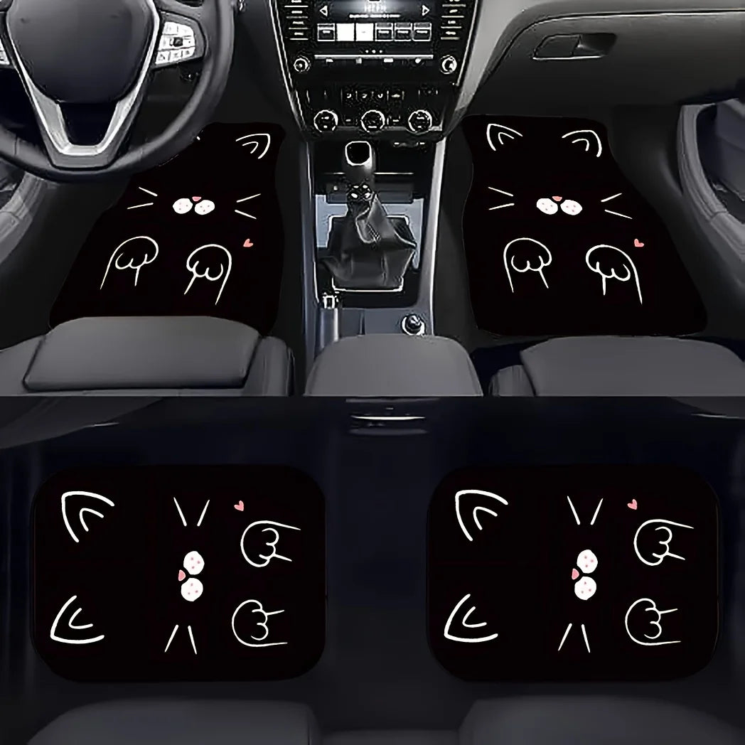 Premium 4Pcs Fit Cute Cartoon Cat Print Car Floor Mats, Front And Rear Seat All Weather Liner Protection For Most Cars, Sedans, Suv, Van for Cars, Trucks & SUVs