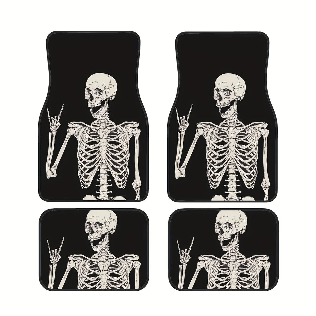 Premium 4Pcs Rock & Roll Skull Car Floor Mats Set  Fun Anime Interior Accessories, Universal, Driving Position, Funny Gift Driver for Cars, Trucks & SUVs