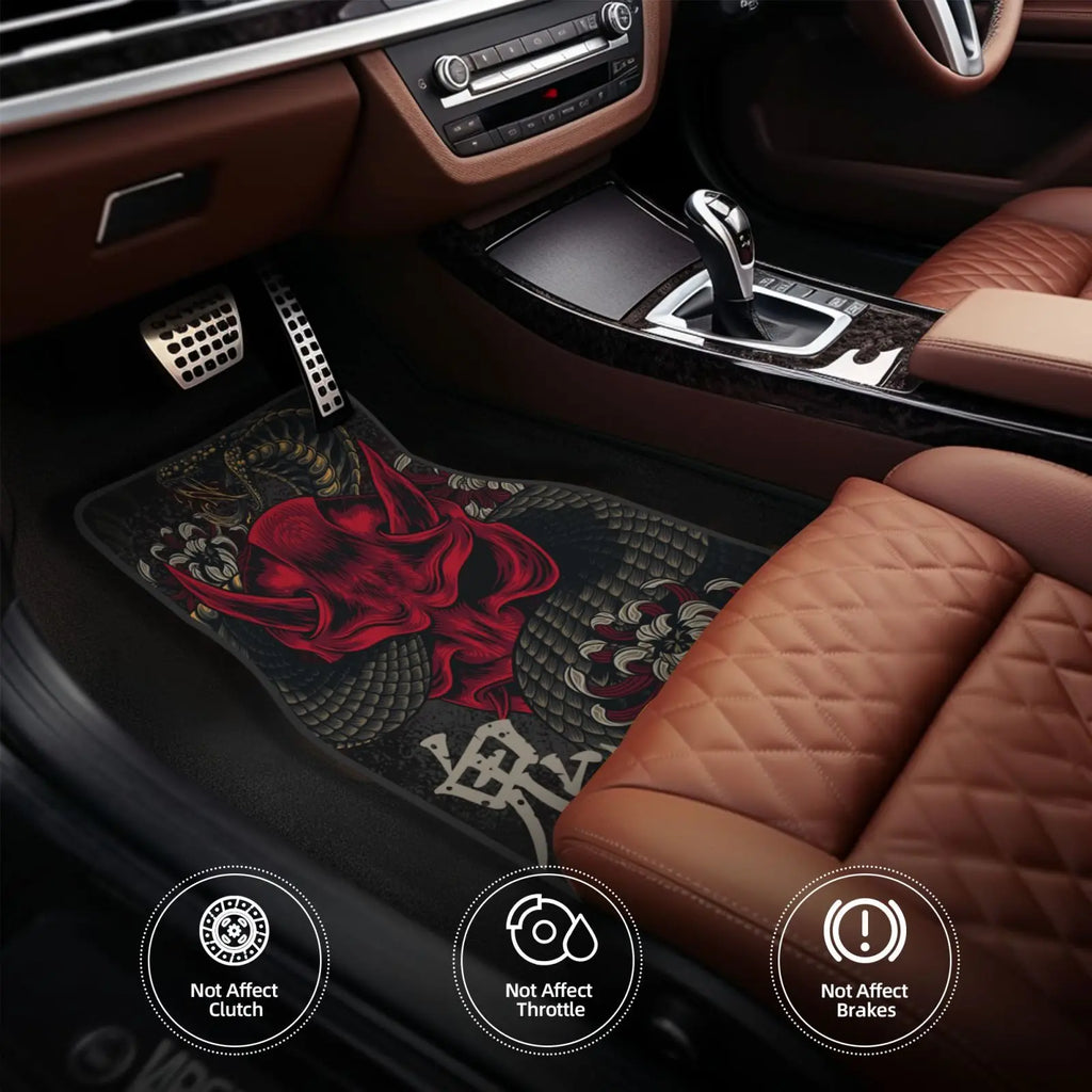 Premium Japanese Art Oni Mask Snake Car Floor Mat 4 Piece Set Suitable For All Car Floor Mat Accessories Crystal Velvet Floor Mats for Cars, Trucks & SUVs