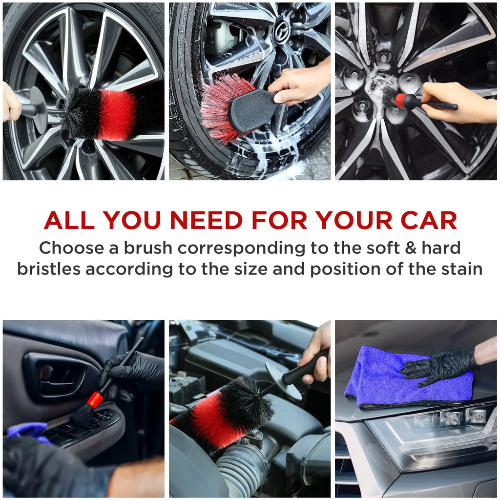 Premium Untior Wheel Tire Brush Set Long Soft Bristle Detail Brushes Microfiber Cleaning Cloth For Cleaning Wheel Car Detailing Kit for Cars, Trucks & SUVs
