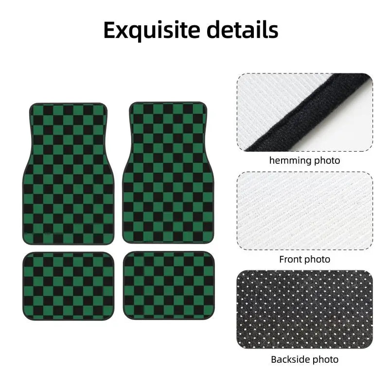 Premium Black Green Plaid Car Floor Mats Set Of 4 Geometric Checkered Plaid Pattern Vehicle Front And Rear Foot Mats Non Slip Carpets for Cars, Trucks & SUVs