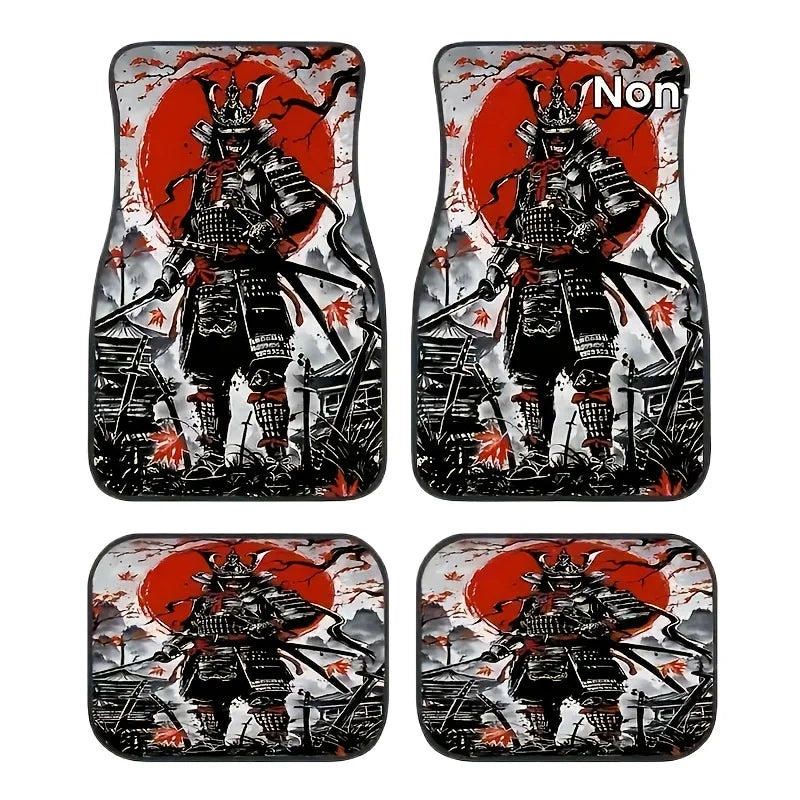 Premium 4 Pack Samurai Warrior Print Car Mats, Non Slip, Washable, Fashionable Interior Protection For Cars, Trucks  All Season Gift for Cars, Trucks & SUVs