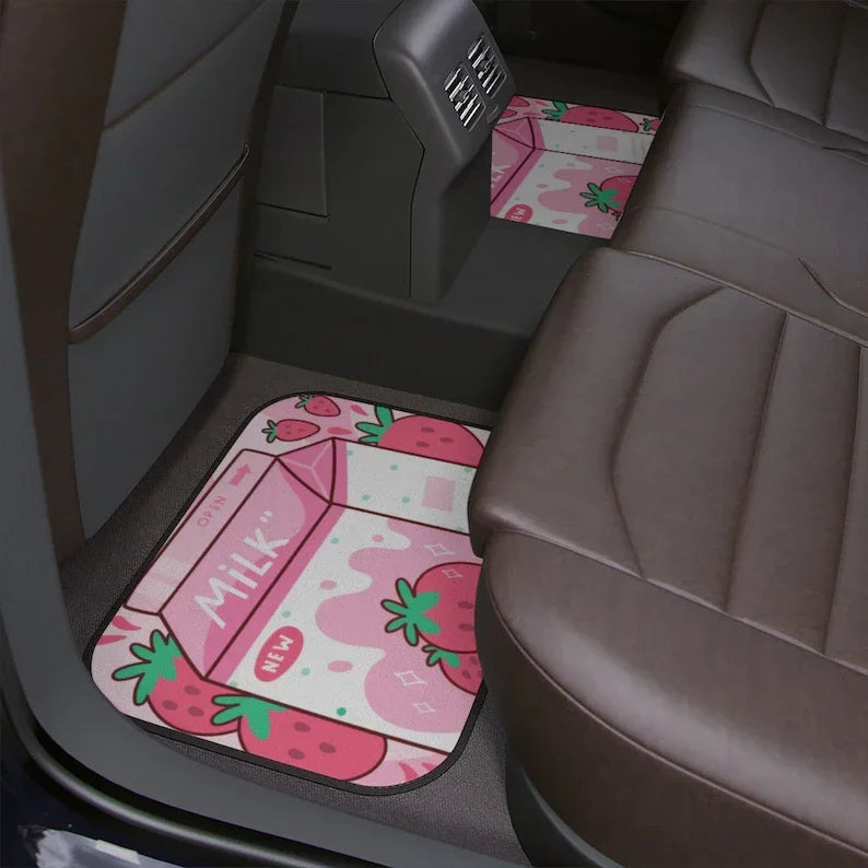 Premium Tasty Strawberry Milk Car Floor Mats, Cute Japanese Style Kawaii Anime Strawberry Milk Print Car Floor Mat, Japanese Girly Car D for Cars, Trucks & SUVs