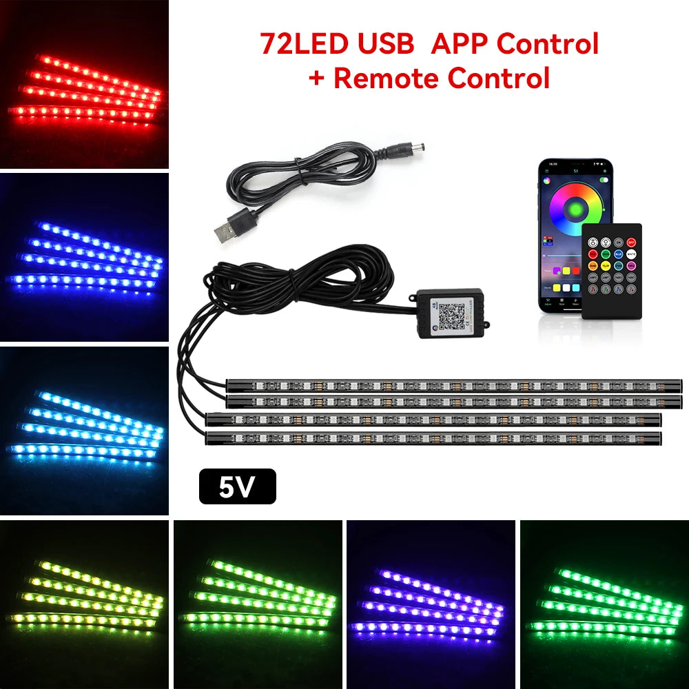 Premium Neon 48 72 Led Car Interior Ambient Foot Light With Usb Wireless Remote Music App Control Auto Rgb Atmosphere Decorative Lamps for Cars, Trucks & SUVs