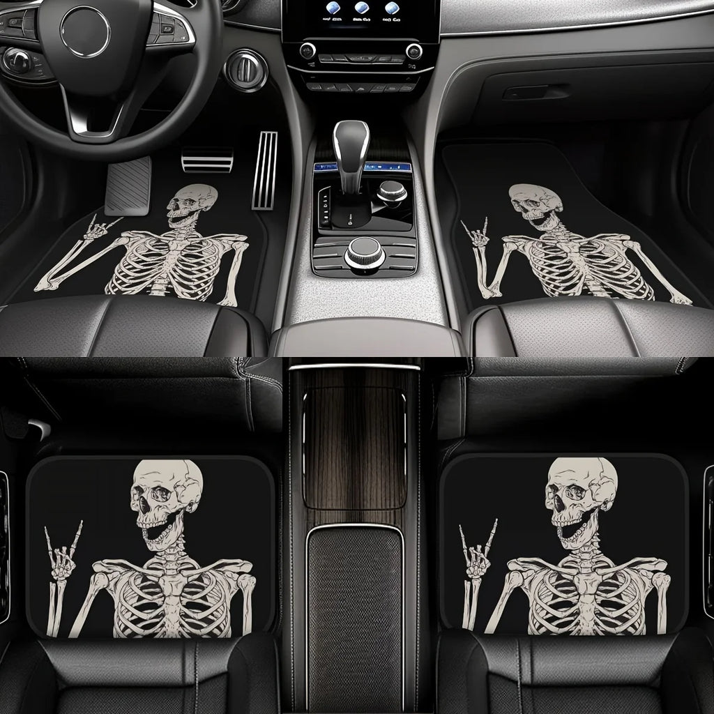 Premium 4Pcs Rock & Roll Skull Car Floor Mats Set  Fun Anime Interior Accessories, Universal, Driving Position, Funny Gift Driver for Cars, Trucks & SUVs