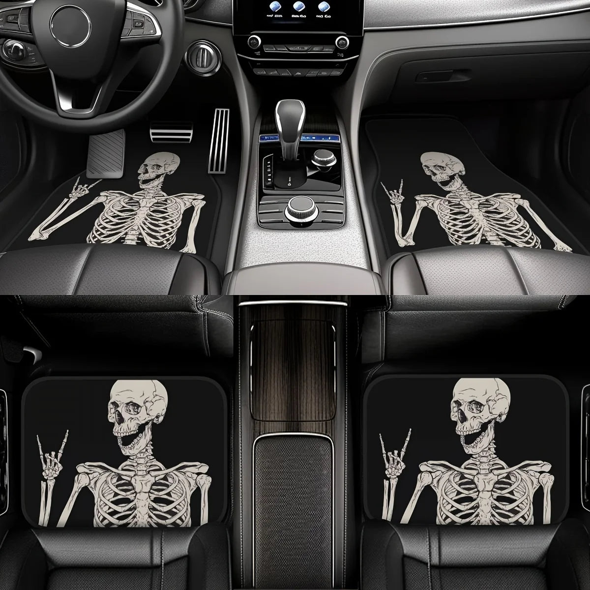 Premium 4Pcs Rock & Roll Skull Car Floor Mats Set  Fun Anime Interior Accessories, Universal, Driving Position, Funny Gift Driver for Cars, Trucks & SUVs
