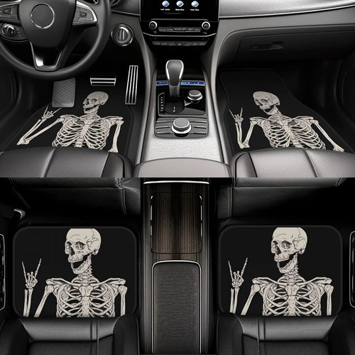 Premium 4Pcs Rock & Roll Skull Car Floor Mats Set  Fun Anime Interior Accessories, Universal, Driving Position, Funny Gift Driver for Cars, Trucks & SUVs