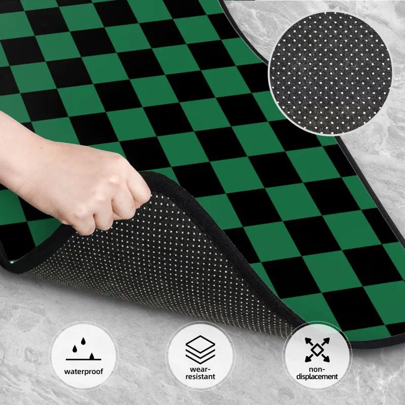 Premium Black Green Plaid Car Floor Mats Set Of 4 Geometric Checkered Plaid Pattern Vehicle Front And Rear Foot Mats Non Slip Carpets for Cars, Trucks & SUVs