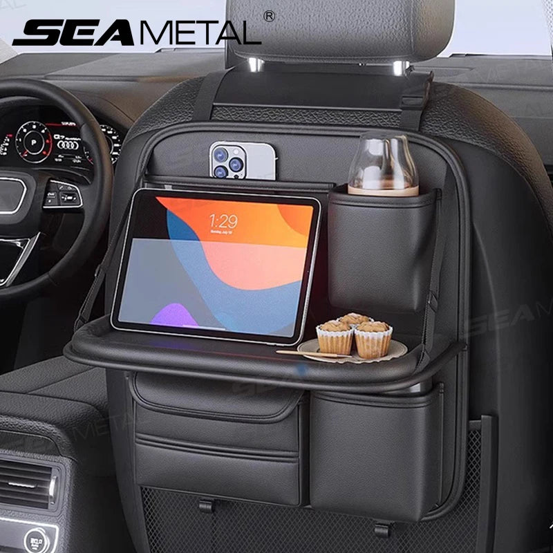 Premium Seametal Car Seat Back Storage Bag Large Capacity Multi Pocket Backseat Organizer Foldable Dining Table Tablet Tray Hanging Bag for Cars, Trucks & SUVs