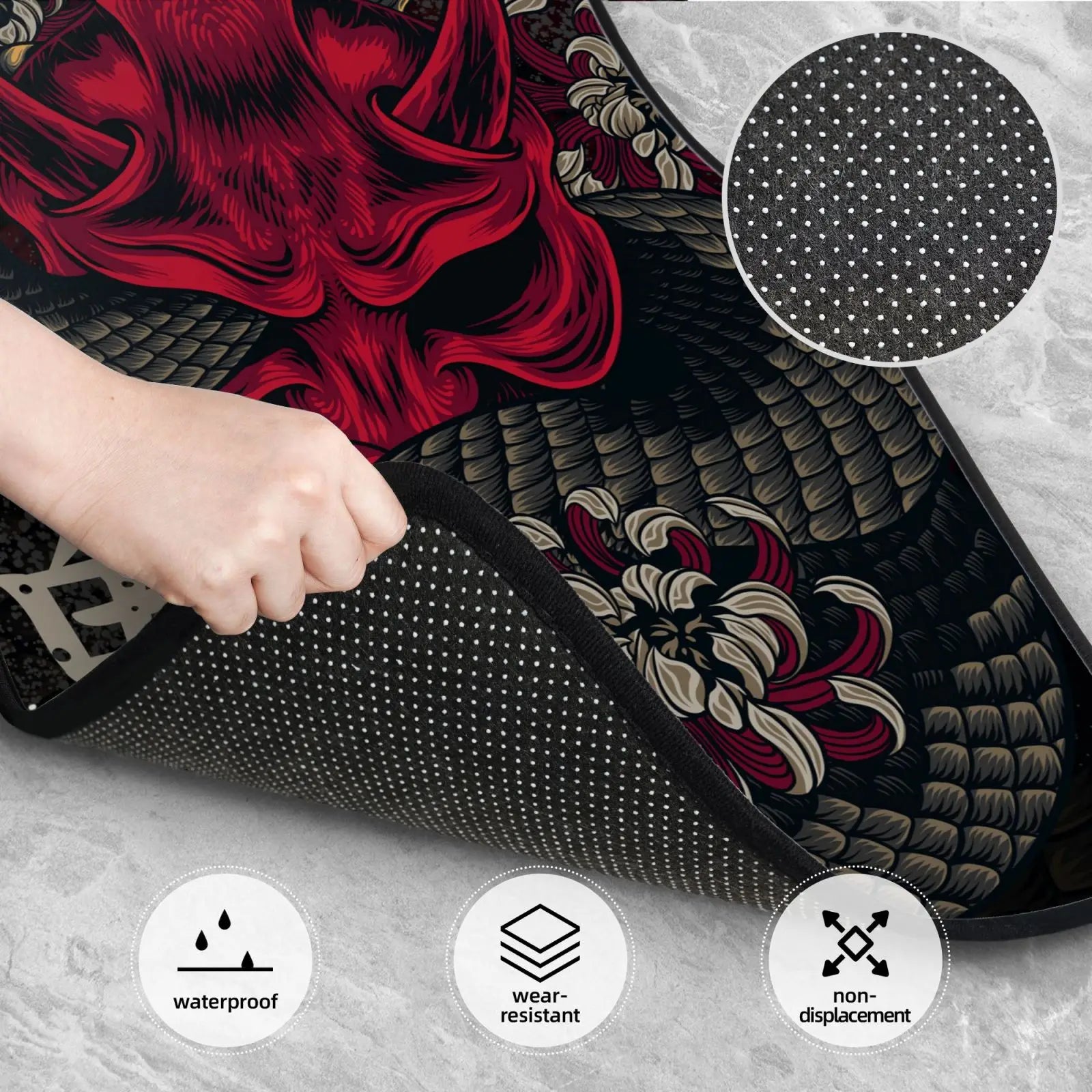 Premium Japanese Art Oni Mask Snake Car Floor Mat 4 Piece Set Suitable For All Car Floor Mat Accessories Crystal Velvet Floor Mats for Cars, Trucks & SUVs